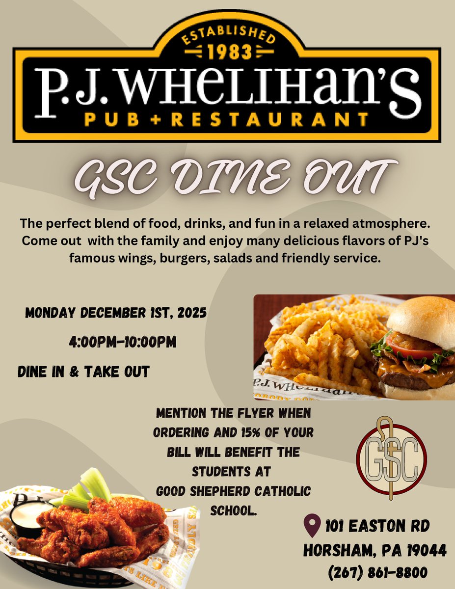 You eat and drink, and GSC gains!

Eat in, take out (please call ahead) and bar service all count towards this fundraiser!

order.pjspub.com/menu/pj-whelih…

Thank you for your gastronomical support!

#GSCCommunity  #GSCService
#GSCistheplacetobe  #GSCis4me