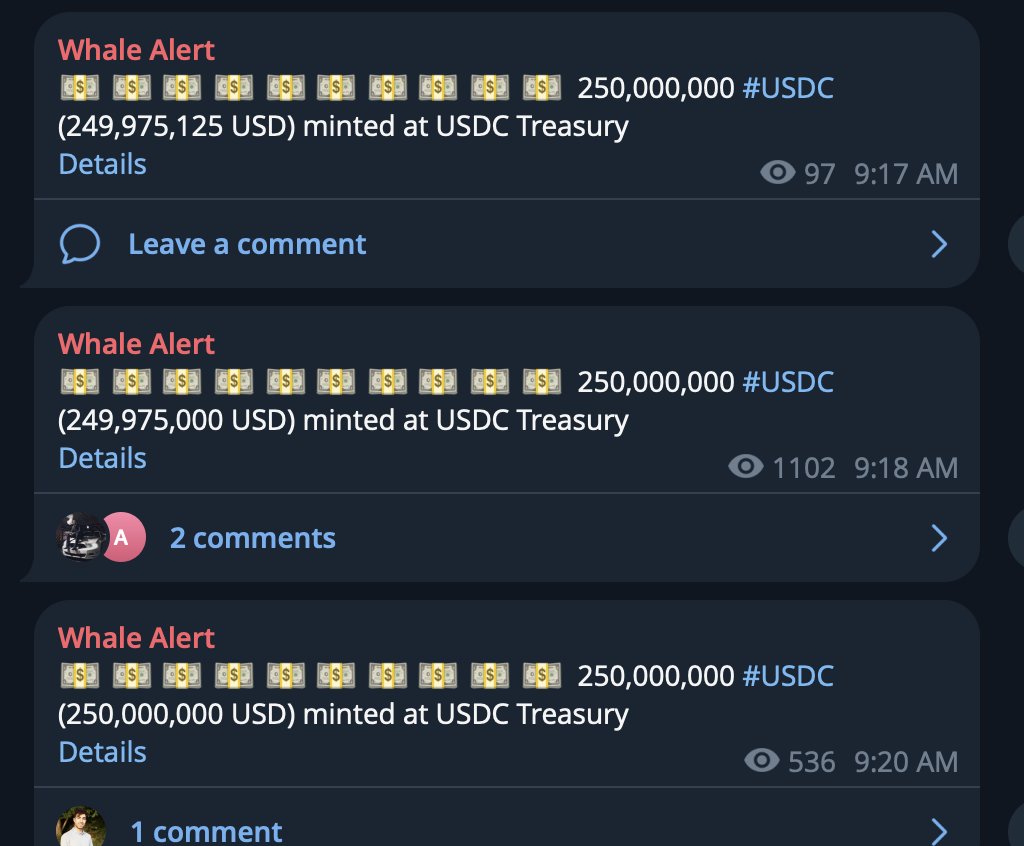 Whale alerts showing $750M USDC minted on Solana