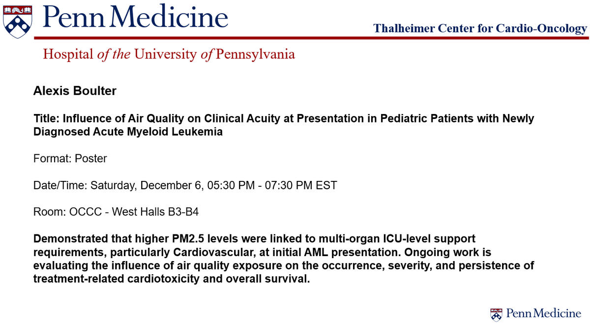 DrBonnieKy's tweet image. 🩸More #ASH25 presentations you can&apos;t miss! 

Alexis Boulter (Dr. Kelly Getz&apos;s lab @KDGetzPhD) will discuss the influence of air quality on clinical acuity in pediatric pts w/ newly diagnosed #AML at the 12/06 poster session- more information below!

#CardioOnc