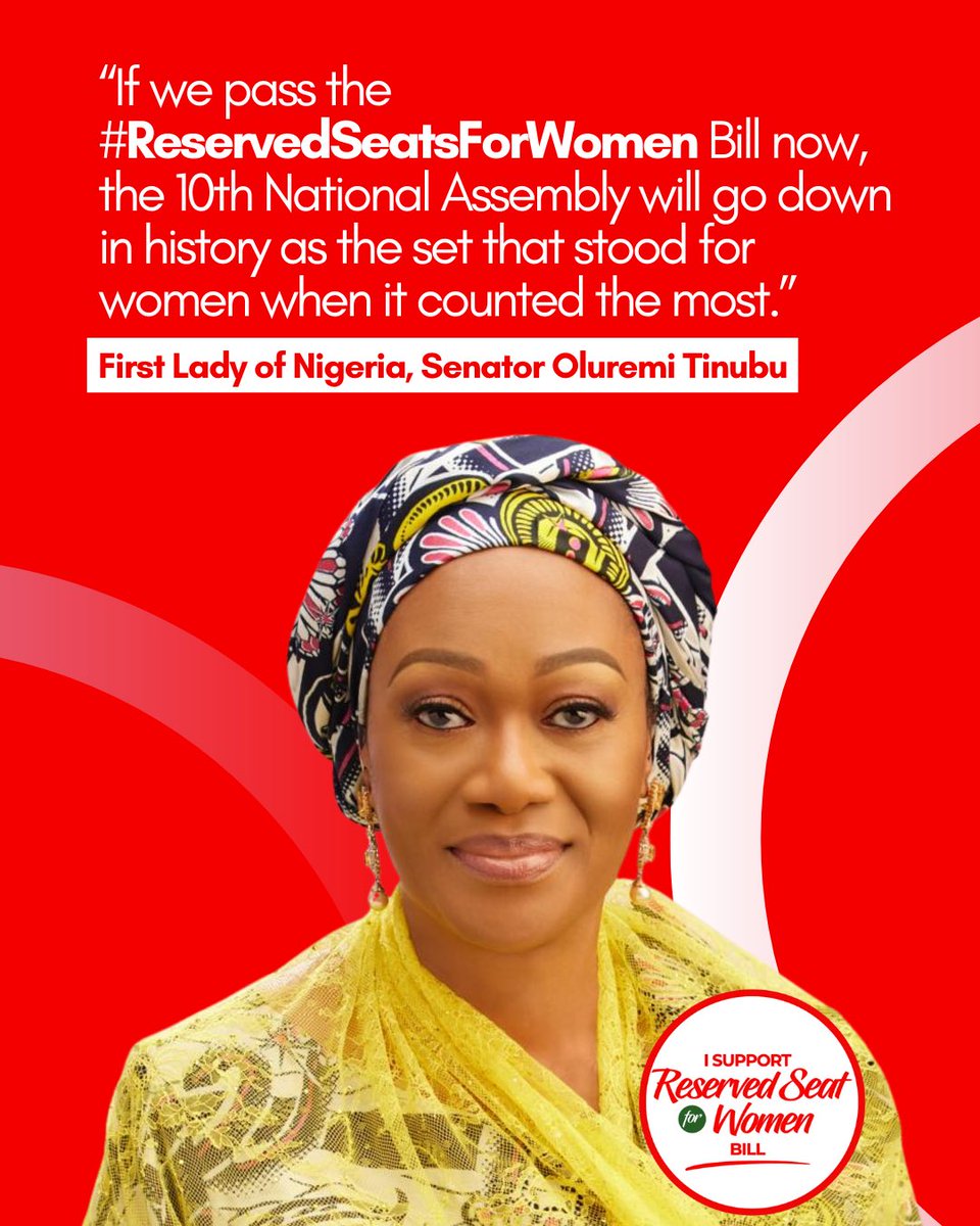 reservedseats's tweet photo. Her Excellency, the First Lady of the Federal Republic of Nigeria, Senator Oluremi Tinubu (@SenRemiTinubu), has publicly endorsed the #ReservedSeatsForWomen Bill! https://t.co/OtwaPzigqV