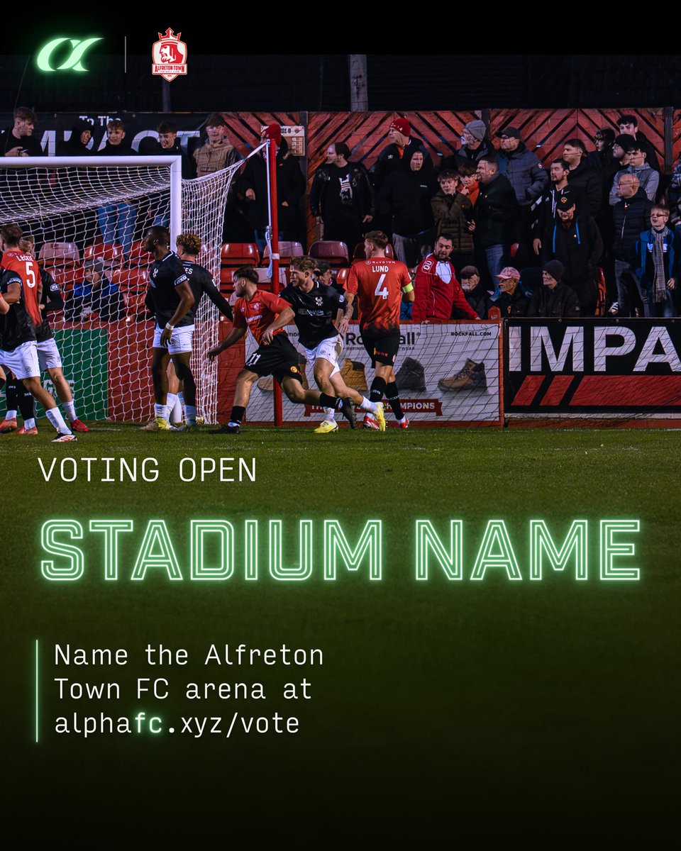 alphafcxyz's tweet image. 🚨 The vote is live! 🚨

Be part of history and decide the new name of @AlfretonTownFC’s stadium on the AlphaFC platform. 

Submit your choice now!