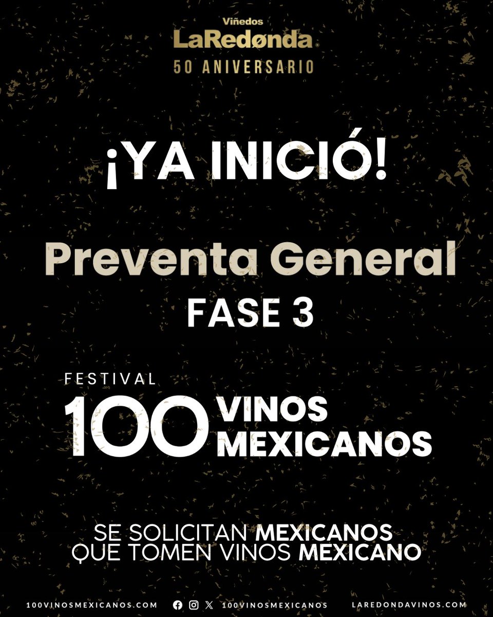 🍇 ¡YA INICIÓ! Preventa General FASE 3 🍷
Celebra con nosotros el Festival 100 Vinos Mexicanos.
¡No te quedes sin tus boletos para la gran fiesta del vino mexicano!🍷
Adquiere tus boletos en:
👉 bit.ly/100VMX2026