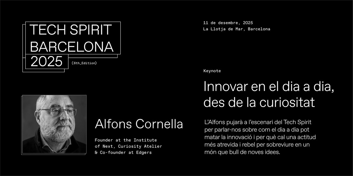 TechBarcelona's tweet image. 🤯 La creativitat serà un dels temes importants en aquesta edició de Tech Spirit Barcelona 2025 i l&apos;&apos;Alfons Cornella, com no podria ser d&apos;una altra manera, és un dels grans noms que no et pots perdre.

Pots registrar-te a 🎟️ app.passcreator.com/en/l/tech-spir…

🌐 Més info a…