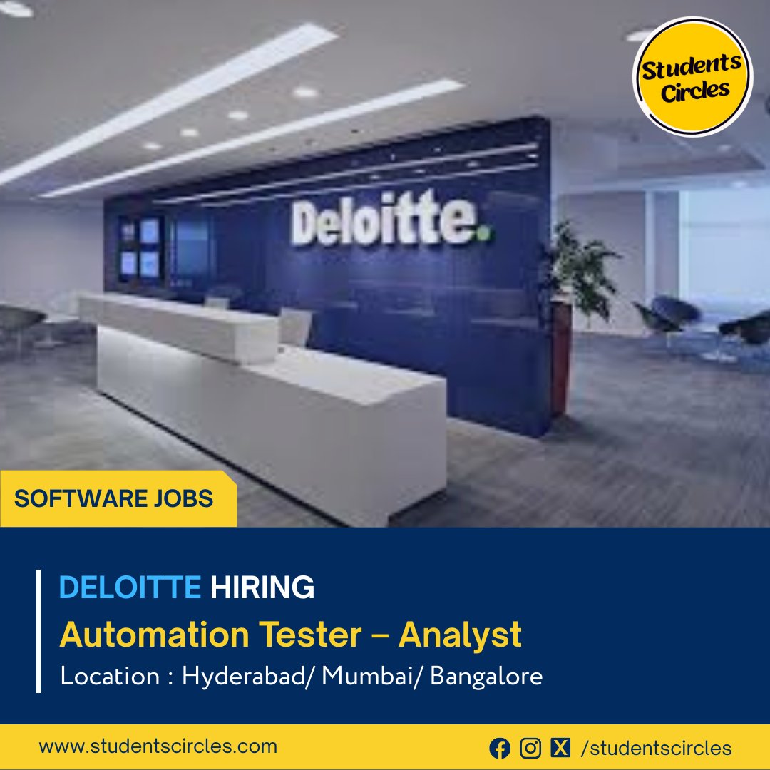karthikpattadi's tweet image. 🏢 Company: Deloitte

🧾 Job Role: Automation Tester – Analyst
📍 Location: Bangalore/ Hyderabad/ Mumbai
🎓 Qualification: BE/ B.Tech
💼 Job Category: Software
📅 Experience: Freshers Eligible
💰 Stipend: Rs 25,000 + Bonus

🔗 Apply Now: tr.ee/GbMGZo