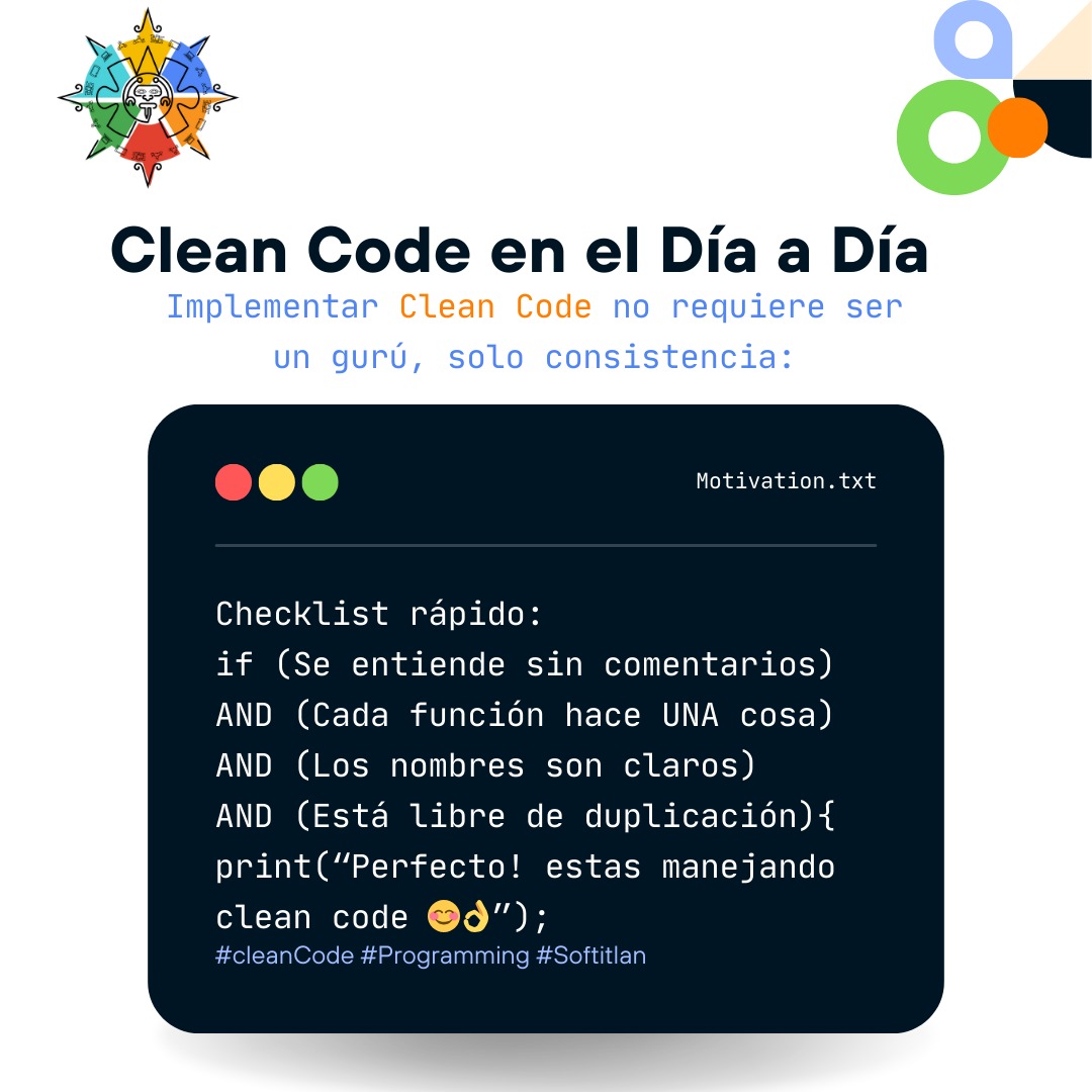 SoftitlanMexico's tweet image. Clean Code se construye día a día: pequeñas buenas prácticas crean grandes proyectos.
#CleanCode #CodigoLimpio #DailyCoding #DevLife #BestPractices #SoftwareEngineering #CodeQuality #softitlan