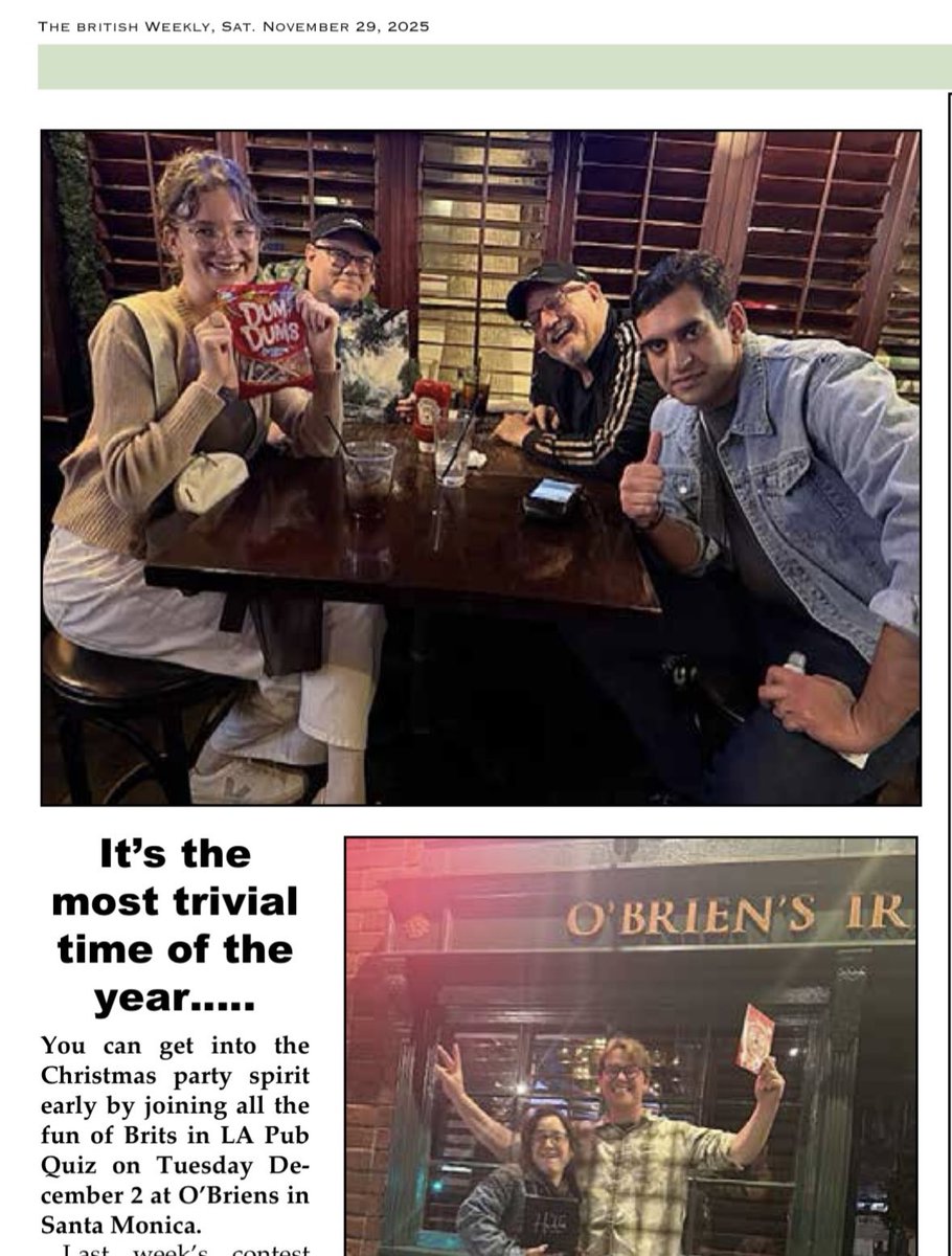 Kick off Christmas party season this Tuesday Dec 2 at 8 by joining all the festive fun when i host ⁦<a href="/Britsinla/">Brits in LA</a>⁩ Pub Quiz at ⁦<a href="/ObriensIrishPub/">O'Brien's Irish Pub</a>⁩ in ⁦<a href="/OurSantaMonica/">Our Santa Monica 🎡☘️</a>⁩ - all welcome to join the quest for points and prizes.