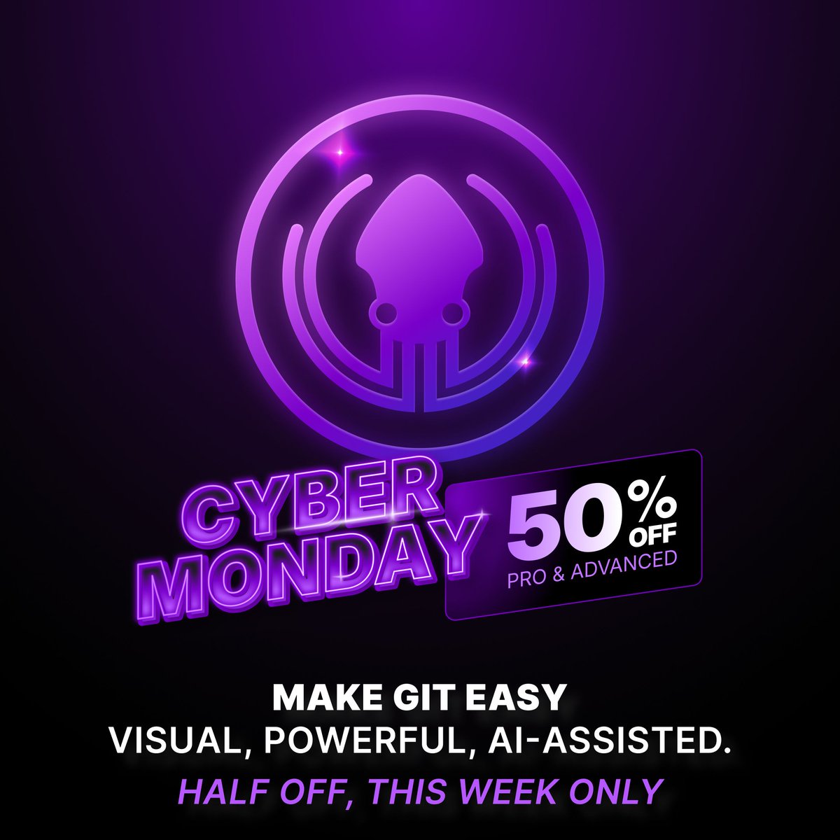 GitKraken's tweet image. Missed Black Friday? No problem. 

This Cyber Week you get 50% off GitKraken Pro.

Visual Git. AI workflows. All your integrations in one place.

gitkraken.com/cyber-monday-2…