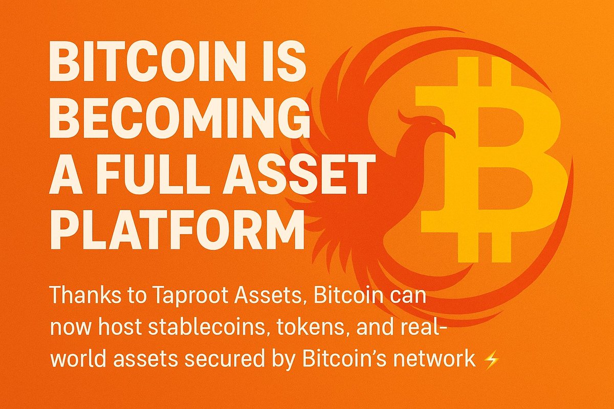 PHENIXCTO's tweet image. Bitcoin &amp;gt; digital gold ⚡
Taproot Assets now bring native stablecoins, tokens &amp;amp; real-world assets directly onto Bitcoin — combining speed with base-layer security.
New rails. New utility. Same Bitcoin backbone.

#Bitcoin #TaprootAssets #Layer2 #DeFi #Stablecoins #RWA
