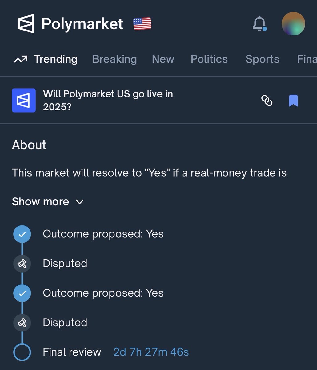 <a href="/Polymarket/">Polymarket</a>
Can you clarify what’s happening with this market? 👇
polymarket.com/event/will-pol…
Your US site still says “coming soon” / waitlist, but the market is closed and in “Final review”.
On what basis was “Yes” proposed here if Polymarket US isn’t live yet? Will it go 50-50?
