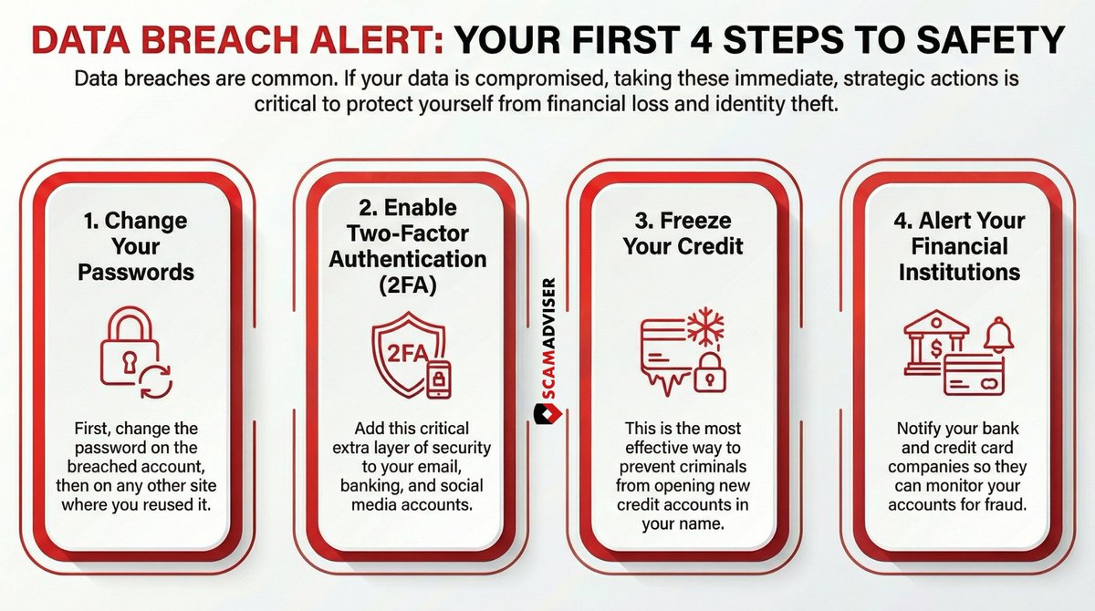 scamadviser's tweet image. Just got that “your data may be at risk” alert? Here’s what you need to do:

🔴 Change your passwords
🔴 Turn on #2FA
🔴 Freeze your credit
🔴 Give your bank a heads-up

These four steps shut down most of the damage before it starts.
#DataBreach #DataProtection #OnlineSafety