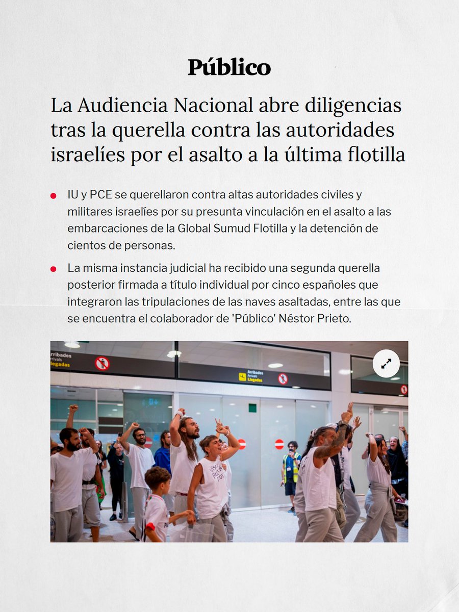 La Audiencia Nacional investigará a Israel por el asalto a la Global Sumud Flotilla.

La querella que presentamos acusando a Israel de detención ilegal, piratería, tortura y delitos contra las personas y los bienes ha sido admitida ✊🏿

Ante el genocidio, ni olvido ni perdón 🇵🇸 🔻