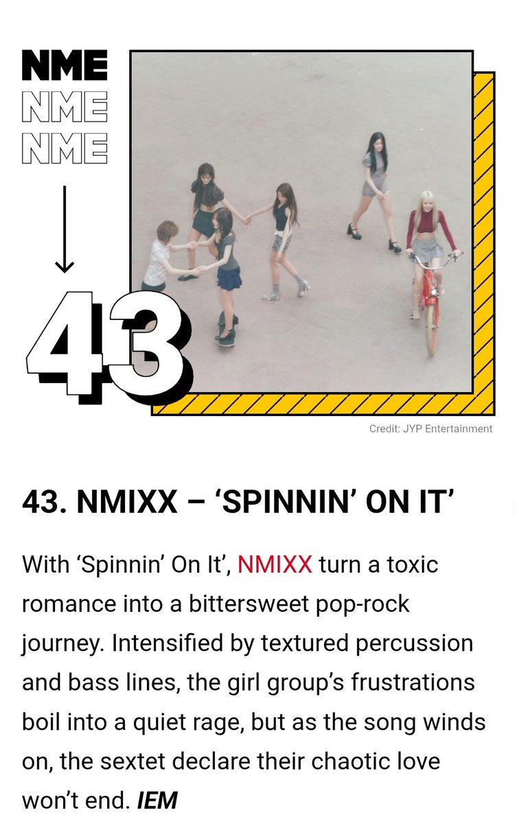 mixx_data's tweet image. NME picked @NMIXX_official "Spinnin' on it " as one of the top 50 songs of 2025 🔥

 ♥︎ the only K-pop ACT alongside HUNTER/X ✨️

#NMIXX #엔믹스 
#BLUEVALENTINE