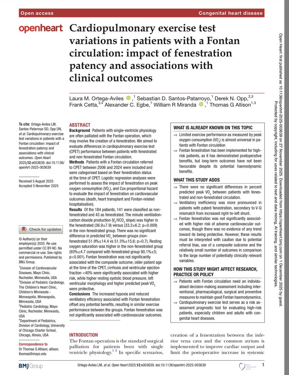LauraOrtegaav's tweet photo. 📢 Excited to share our new publication: We found no differences in exercise performance or clinical outcomes between fenestrated and non- fenestrated Fontan patients, reflecting the complexity of Fontan physiology 🫀 

https://t.co/HHRbcHdQfj https://t.co/qeVPuKRiaT