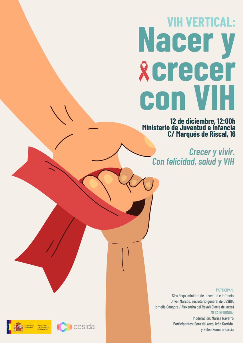 En el #DíaMundialdelSida queremos visibilizar el VIH y seguir rompiendo estigmas. Por ello, el 12 de diciembre, en el Ministerio de Juventud e Infancia, pondremos luz sobre la realidad de quienes nacieron con VIH y hoy viven vidas plenas, con salud, derechos y proyectos de futuro