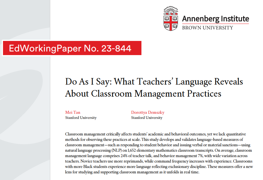 sanz_ismael's tweet image. ¿Cómo manejan realmente los docentes el aula? Un nuevo estudio de Stanford analiza 1.652 transcripciones de clases usando IA y NLP para medir cómo los profesores usan el lenguaje para gestionar comportamientos y mantener el orden. Un avance enorme para observar estas prácticas a…