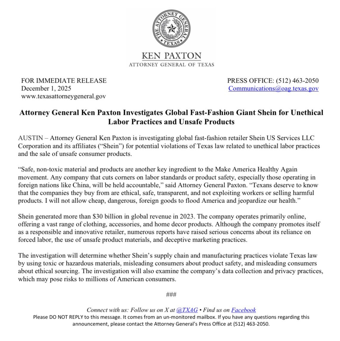 NEW: I'm investigating global fast-fashion giant Shein for unethical labor practices and unsafe products.

I will not allow cheap, dangerous, foreign goods to flood America and jeopardize our health.