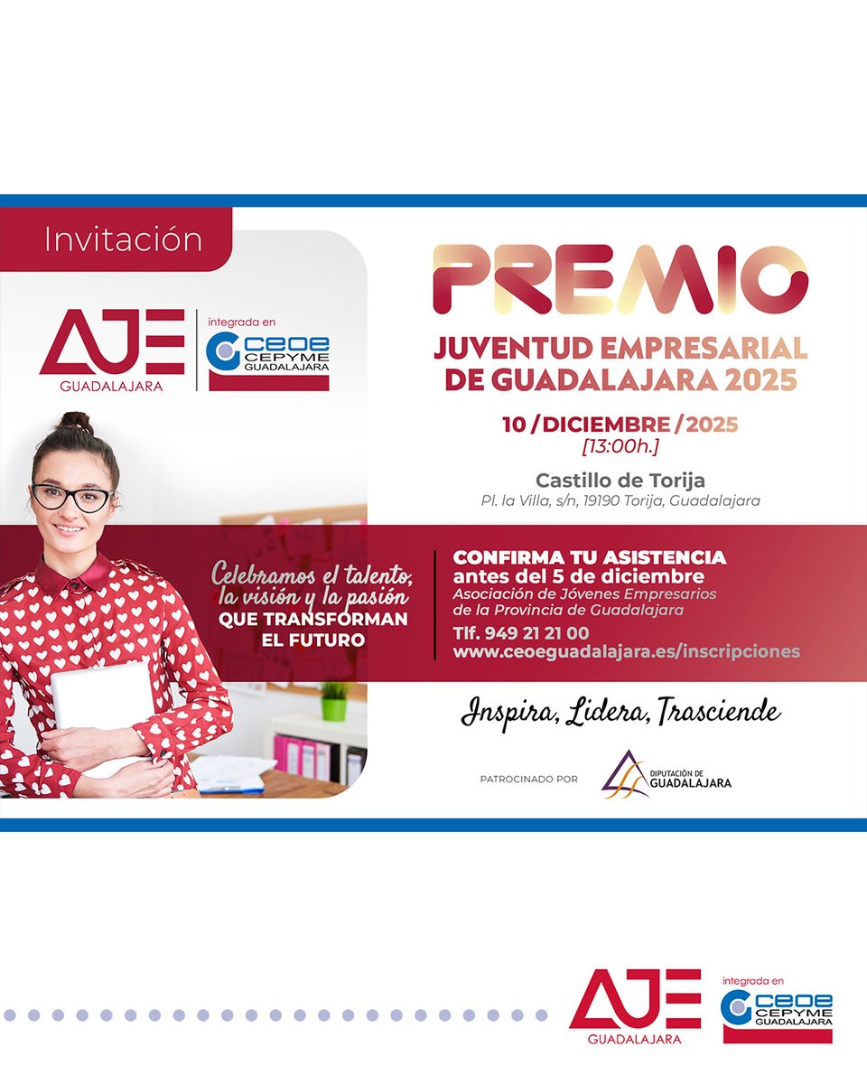 🔹 𝗝𝘂𝗮𝗻 𝗖𝗮𝗿𝗹𝗼𝘀 𝗣𝗮𝗷𝗮𝗿𝗲𝘀, 𝗣𝗿𝗲𝗺𝗶𝗼 𝗝𝘂𝘃𝗲𝗻𝘁𝘂𝗱 𝗘𝗺𝗽𝗿𝗲𝘀𝗮𝗿𝗶𝗮𝗹 𝟮𝟬𝟮𝟱 en los premios AJE Guadalajara. 

Los dos accésit han sido para Víctor Sánchez (Víctor Sanchego) y Beatriz Caballero (B. Caballero Abogados). 

Más info: ceoeguadalajara.es/noticia/juan-c…