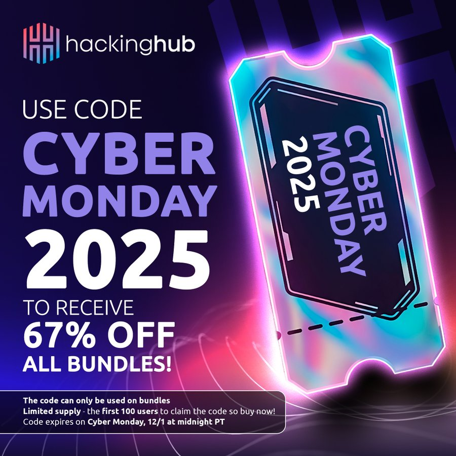hackinghub_io's tweet image. 🚨THIS CYBER MONDAY

Our bundles are 67% OFF. But here&apos;s the catch: This promo code is only valid for the first 100 uses OR until EODMonday – whichever comes FIRST! 

Get started:

💻The Hackers Arsenal: hhub.io/ARSENALCYBERMO…

🐞Bug Bounty Essentials: hhub.io/BBECYBERMONDAY…
