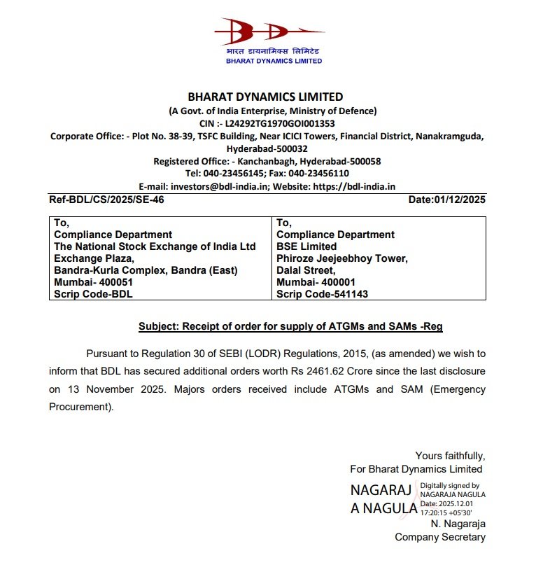 Defencematrix1's tweet image. #BREAKING: Bharat Dynamics Ltd (BDL) has secured additional orders worth ₹2,461.62 crore since its last disclosure on Nov 13, 2025. The major orders received include ATGMs, surface-to-air missiles under emergency procurement
Press release: