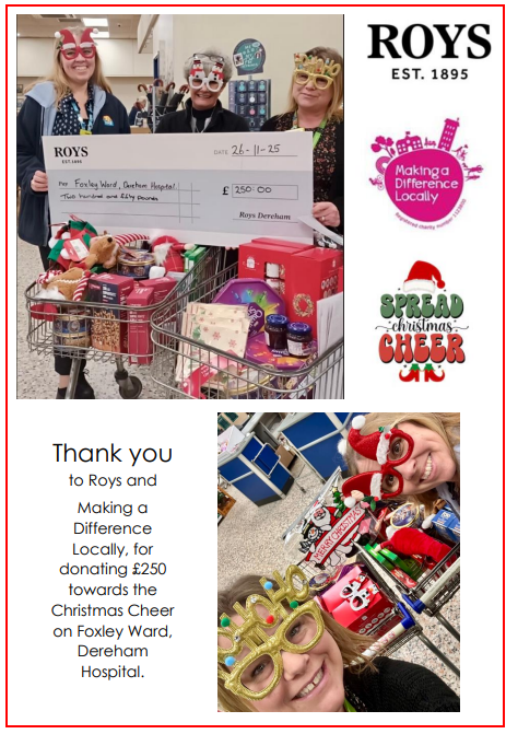 A big THANK YOU to Roys and 'Making a Difference  Locally', for donating £250 to bring some #Christmas Cheer to patients on Foxley Ward at Dereham Hospital.🎄🎁

🎶fa-la-la-la-lah, la-la-la-lah 🎶
