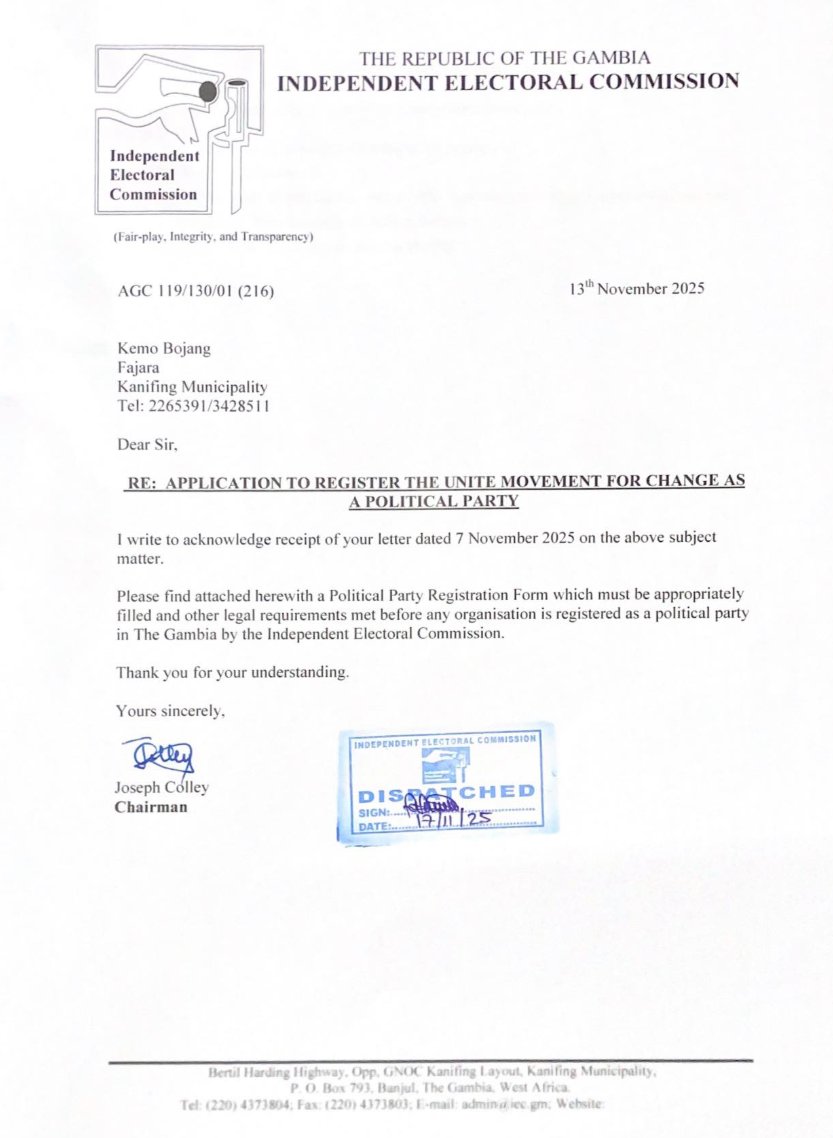 The application to register UNITE as a political party is submitted today. 

Thank you, #Gambia.