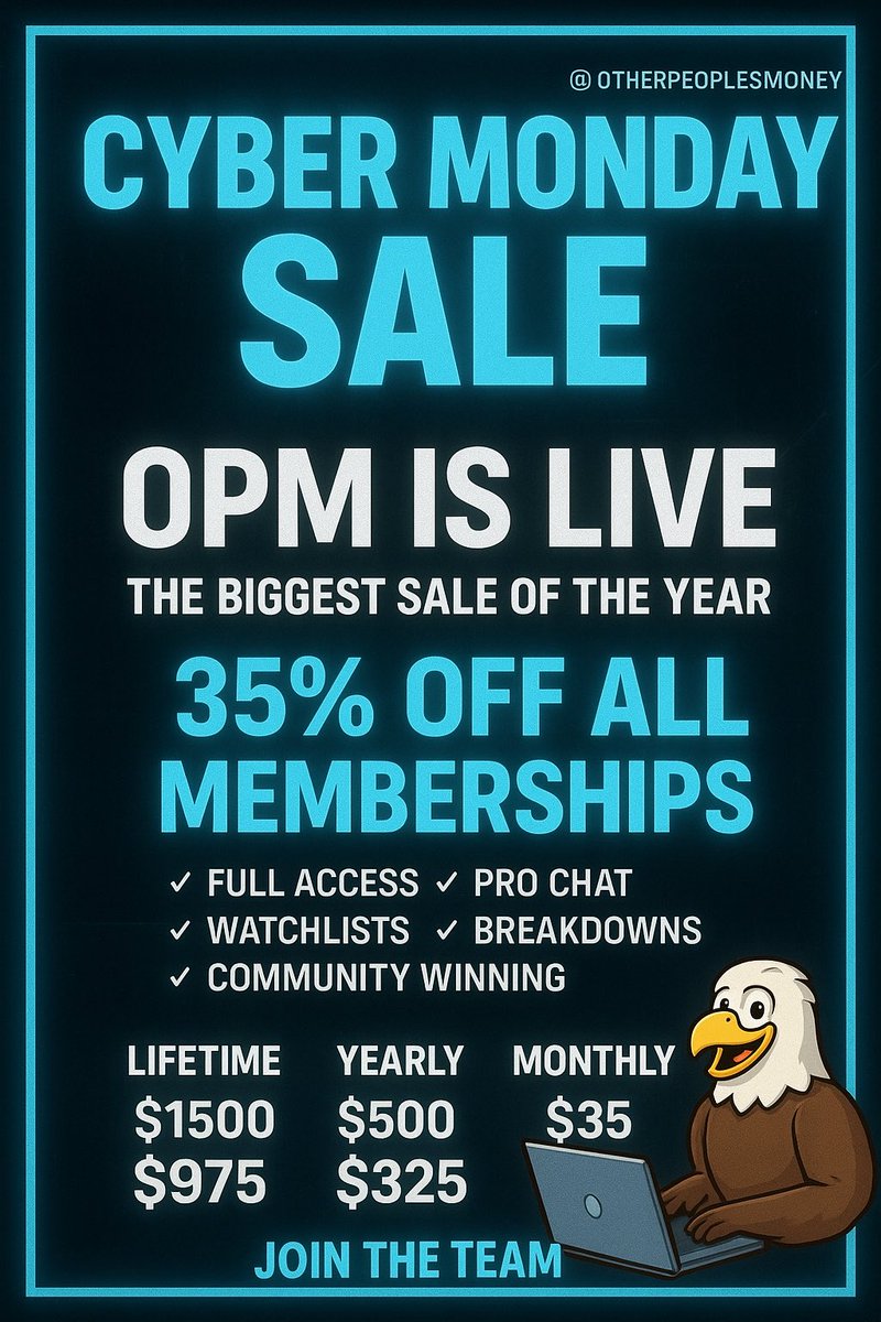 KennyRayy's tweet photo. Our BIGGEST OPM sale of the year is active TODAY ONLY — no requirements, all savings.

💰 35% OFF ALL MEMBERSHIPS

• Yearly: $500 ➝ $325
• 3-Month: $130 ➝ $75
• Monthly: $45 ➝ $25
Lock in full access: watchlists, breakdowns, pro chat, live guidance #StockMarket #CyberMonday https://t.co/f8bPydwcjs