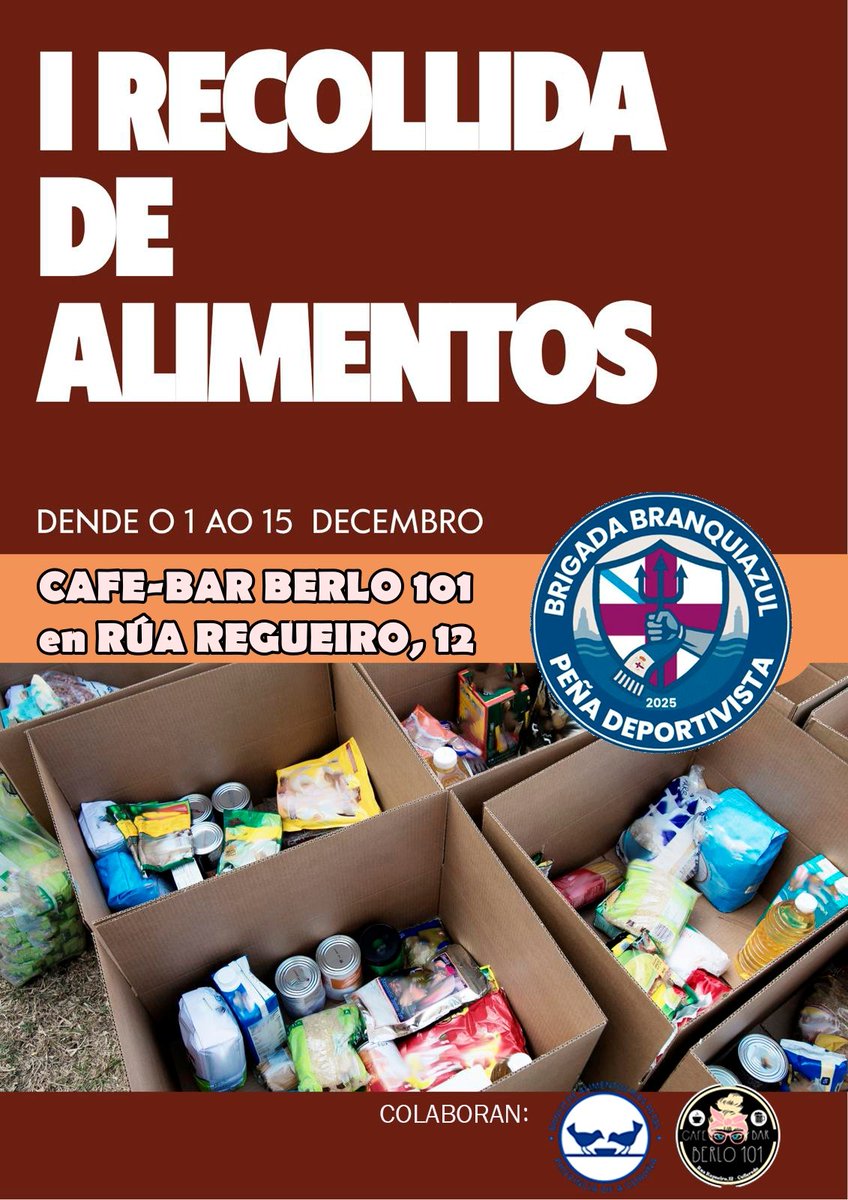 Dende a peña @pdbrigadabranquiazul en colaboración co Banco de alimentos <a href="/Balrial/">Banco de Alimentos Provincia de A Coruña</a> , comezamos dende hoxe , e ata o 15 de Decembro , unha campaña de recollida de alimentos na nosa sede Berlo 101 , na Rúa Regueiro, 12 Vilaboa, tamen podes mandarnos bizum ao 614 07 63 49 .