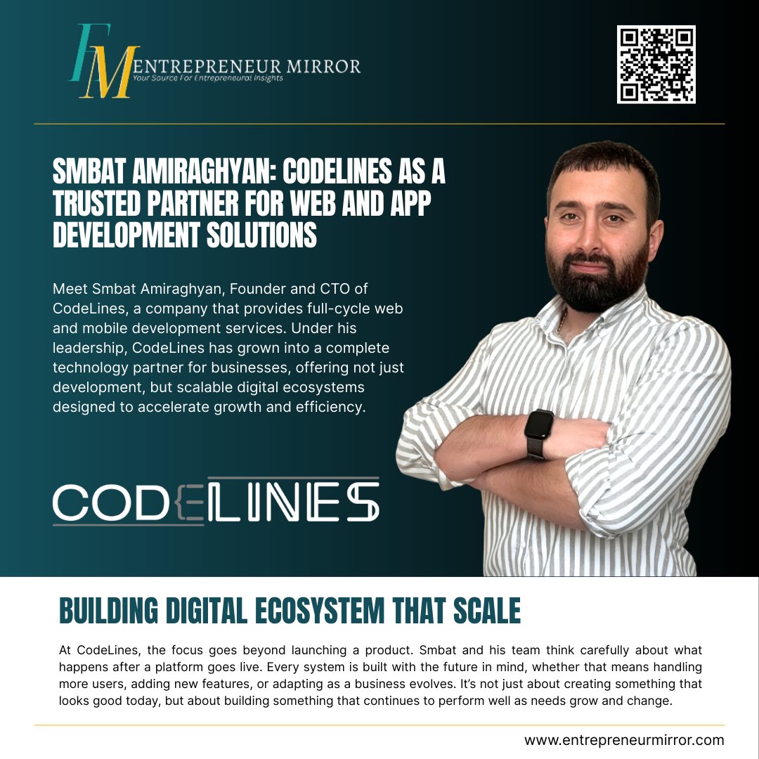 Entrepreneurmir's tweet image. A conversation with Smbat Amiraghyan on building CodeLines, creating strong teams, and delivering scalable digital solutions.

Read more: entrepreneurmirror.com/meet-smbat-ami…

#CodeLines #SmbatAmiraghyan #TechFounder #WebDev #AppDev #DigitalSolutions