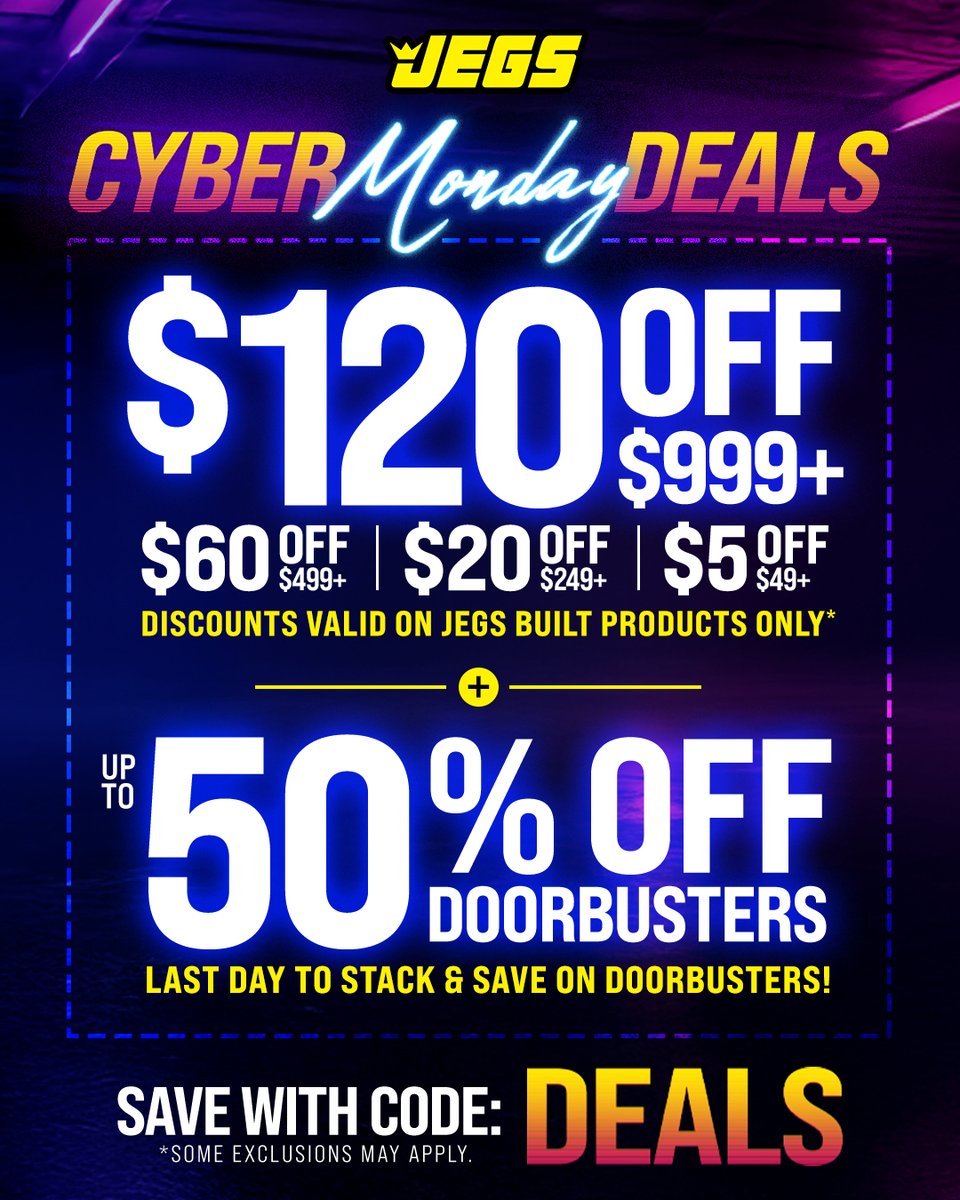 JEGSPerformance's tweet image. 🚨 CYBER MONDAY IS HERE! 🚨 Stack the savings and score up to $120 OFF + 50% OFF Doorbusters! Today’s the last day to grab the best deals of the season.

Use code: DEALS bit.ly/4iEo48I