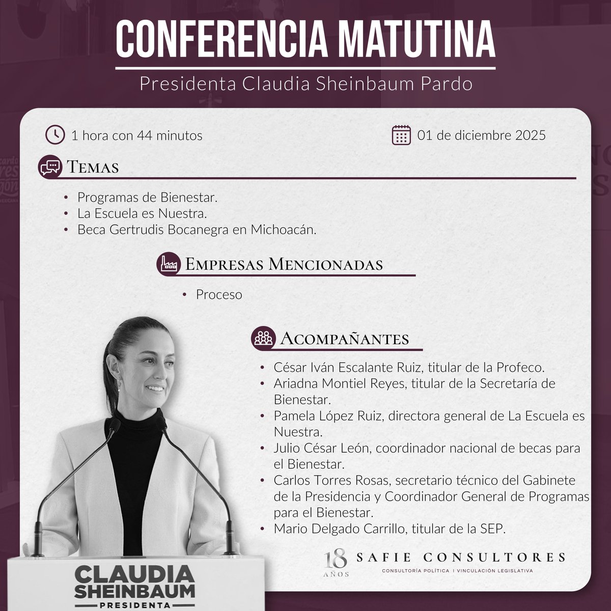 📰 #SafieConsultores te presenta los #highlights de la conferencia matutina de hoy. Conoce las empresas mencionadas y los funcionarios que acompañaron a la presidenta. #ConferenciaPresidenta #GobiernodeMexico