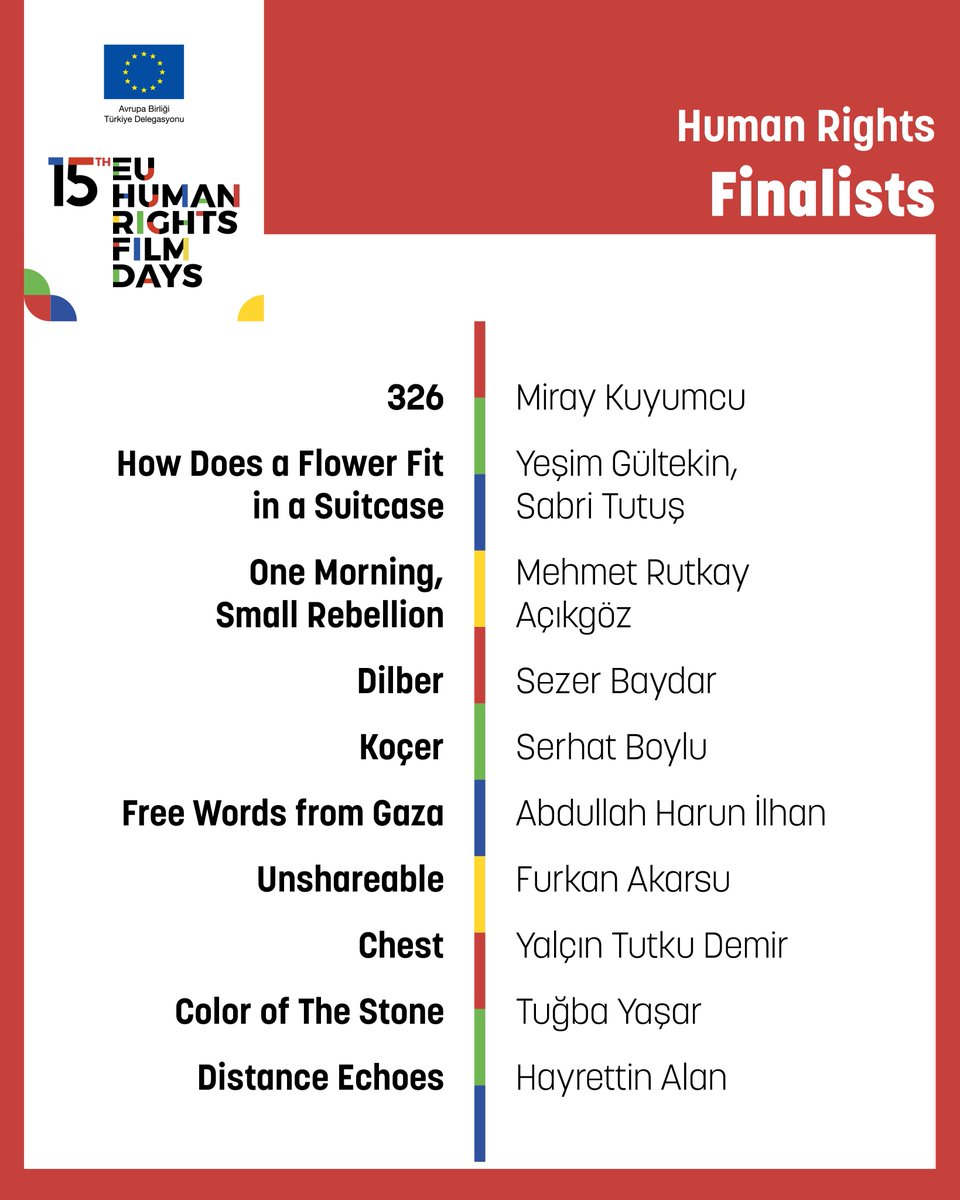 EUDelegationTur's tweet photo. 20 finalists. 20 bold voices. One essential question: How do you tell the story of human rights through the power of cinema?
The finalists of this year’s EU Human Rights Short Film Competition bring their creativity&amp;courage to tell stories refusing to stay silent. Ceremony:12 Dec https://t.co/iXzL72OPxh