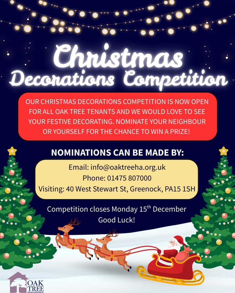 OakTreeHA's tweet image. ☃️ Our Christmas Decorations Competition is now open for all Oak Tree tenants and we would love to see your festive decorating! Nominate your neighbour or yourself for the chance to win a prize 🎁

Competition closes at 5pm on Monday 15th December – Good Luck!