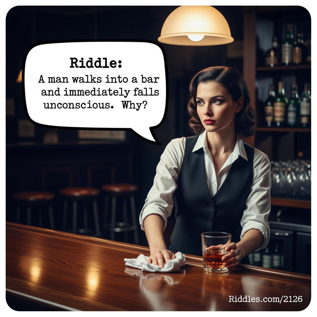 best_riddles's tweet image. Riddle: A man walks into a bar and immediately falls unconscious. Why?

#riddleoftheday
#riddlechallenge
#riddles