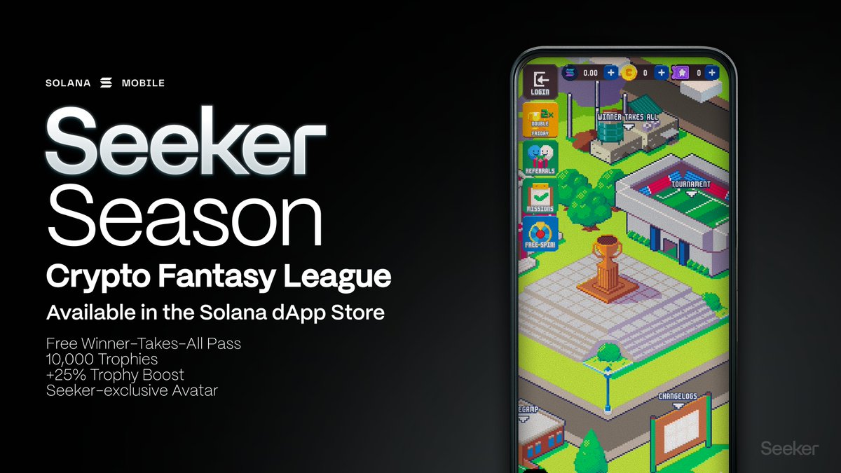 ゲームインターフェースを表示するモバイル画面を示すSeeker Season Crypto Fantasy Leagueのプロモ画像