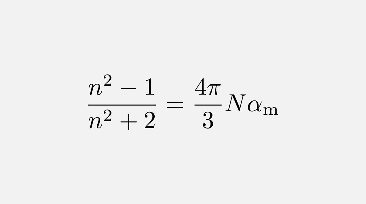 A clean, centered LaTeX-rendered mathematical equation on a plain white background, displaying the Lorentz-Lorenz formula relating the refractive index (n) to number density (N) and molecular polarizability (α_m).