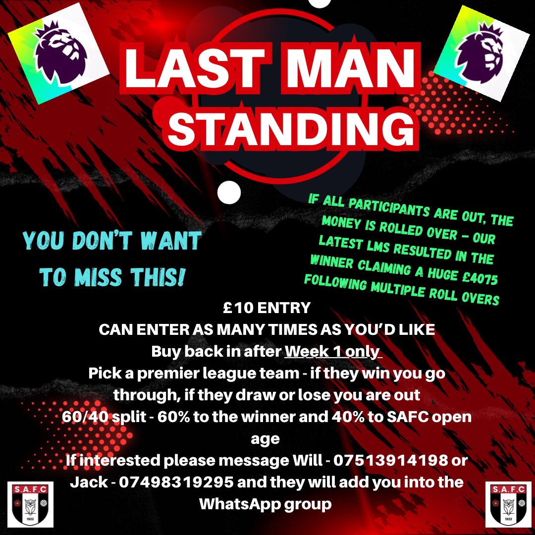 SpringheadAFC's tweet image. ‼️ LAST MAN STANDING ‼️

Get involved and join the SAFC last man standing, we’ve had a recent huge success, but you’ve got to be in it to win it! 🏆

DEADLINE - all entries must be submitted and accepted before MATCHWEEK 14 which kicks off Tuesday 2nd December at 7:30pm

Get your…