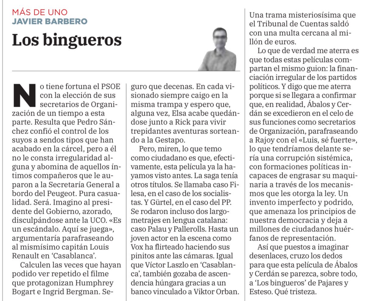 ✍️ Este domingo, “Más de Uno” en <a href="/dmontanes/">eldiariomontanes.es</a> 
“Los Bingueros”, o sobre el temor a cerciorarnos de que, en realidad, estemos viviendo bajo un sistema de corrupción sistémica.