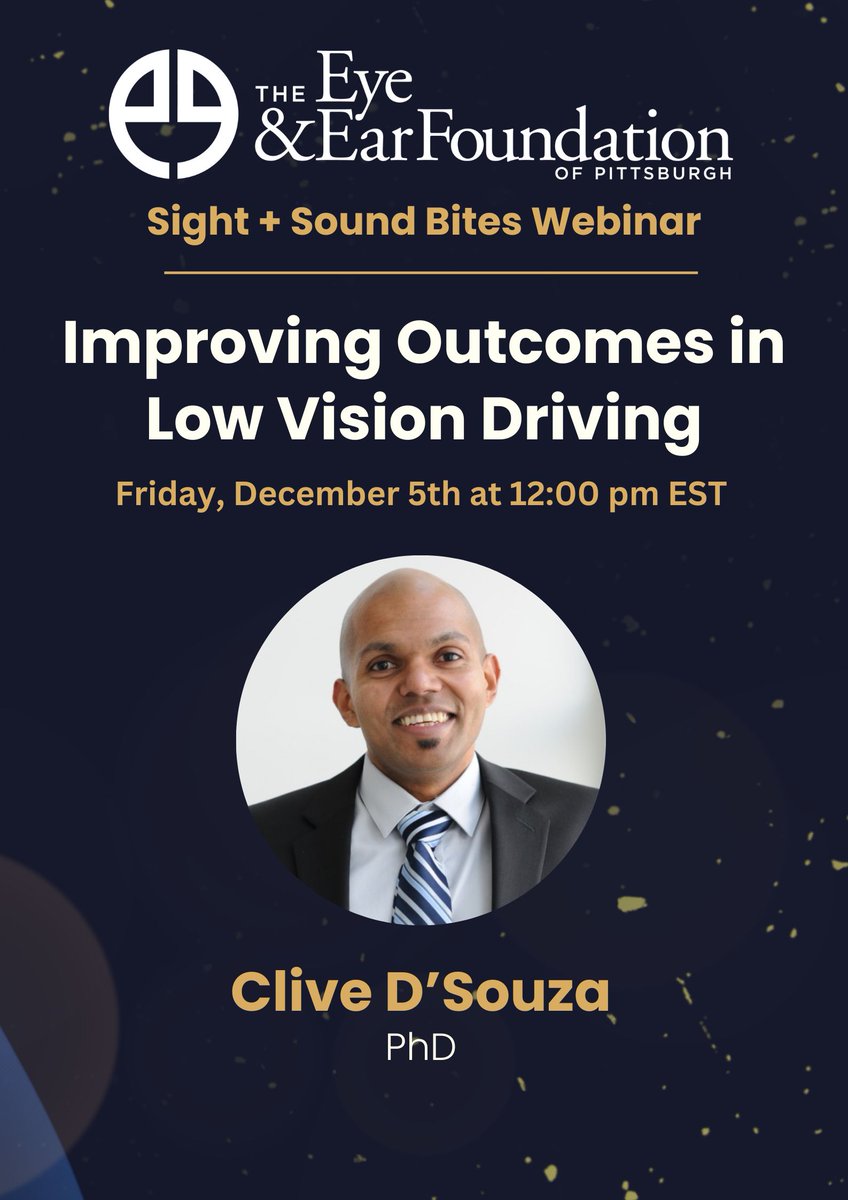 Please join the Eye &amp; Ear Foundation for this week's free lunch and learn webinar, where Clive D'Souza, PhD, will speak about the driving simulator and improving outcomes in low vision driving.

Register here: tinyurl.com/ycx2rf3z

<a href="/Pitt_OPH/">Pitt_Ophthalmology</a> #webinar #LunchAndLearn