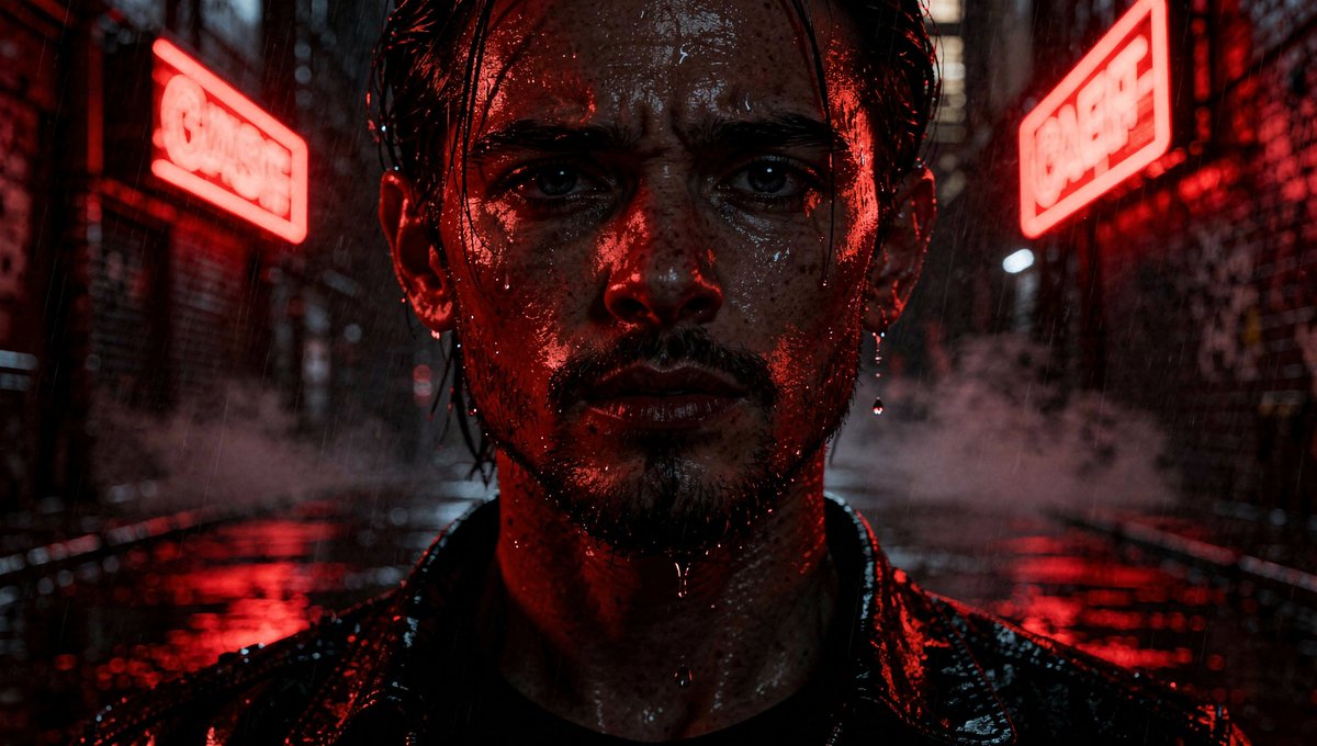 This one turned out so juicy. 
Promt:
Portrait in a dark cyber-noir environment lit only by red neon. Hard shadows, sharp facial contours, glossy skin texture, wet surfaces around. Red reflections shimmer like liquid fire, strong emotional intensity.

#RED #NOIR #AI