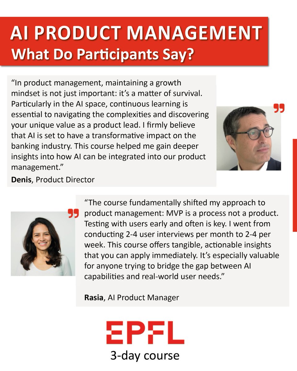 FoCo_UNIL_EPFL's tweet photo. 🚀The demand for product managers who can develop #AIproducts is booming as #AI rapidly transforms various industries. 

Denis and Rasia share their experience in the @EPFL  3-day course! 👇

✅Learn more about the #AIPM Sprint Course: https://t.co/QWQekMAJ17 https://t.co/ozMu4l9I2e