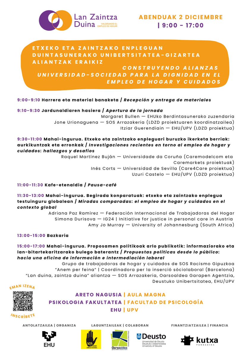 esomi_udc's tweet image. Mañana, 2 de diciembre, se celebra en Donostia la jornada “Construyendo alianzas universidad-sociedad para la dignidad en el empleo de hogar y cuidados”.

👩‍🏫 Participa Raquel Martínez Buján (ESOMI–CISPAC).

ℹ️ Info e inscripción: sosracismogipuzkoa.org/el-proximo-2-d…

#cuidados #empleodehogar