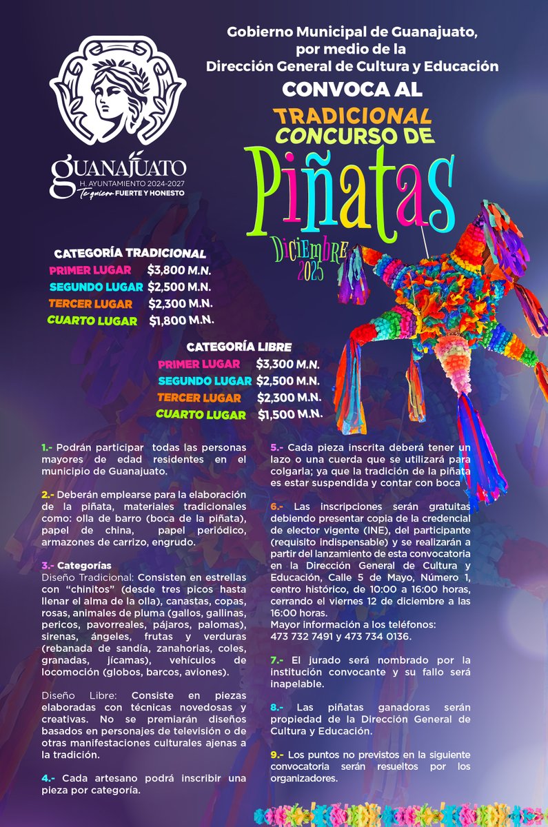🪄🪅¡Dale, dale, dale, no pierdas el tino!😃
Gobierno Municipal Guanajuato y la Dirección General de Cultura y Educación te invitan a participar en el Tradicional Concurso de Piñatas 2025🪅✨💫

¡Ven a Casa de Cultura a inscribirte! 🙂💯

#GuanajuatoTeQuieroPorTusTradiciones