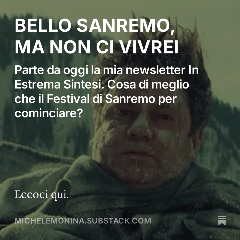 Da oggi mi trovate qui. Iscrivetevi, è gratis. 
michelemonina.substack.com/p/bello-sanrem…

 #Sanremo2026
