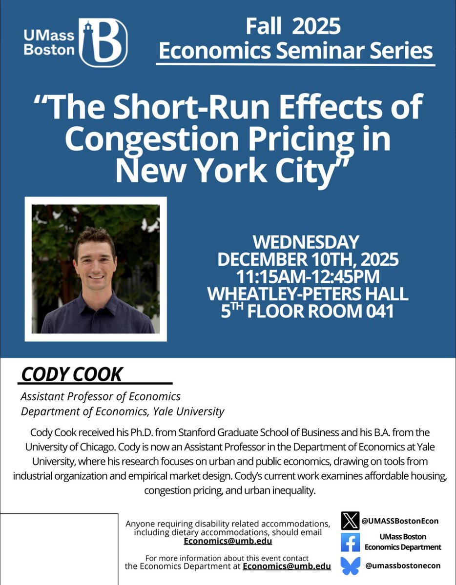 Our next department seminar is Wednesday, December 10 at 11:15am with Cody Cook (Yale University). Cody is presenting "The Short-Run Effects of Congestion Pricing in New York City". (Details below)