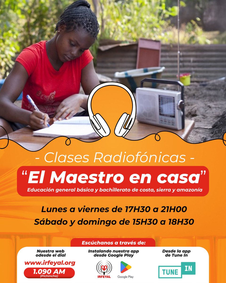 🎙️ Clases radiofónicas | “El Maestro en casa”

🎧 Ahora puedes escuchar las clases de Educación General Básica y Bachillerato de lunes a domingo. ⬇️ Revisa los horarios. 

📻 Conéctate en: 1090 A.M, App Radio Irfeyal o irfeyal.org

 #EducaciónQueTransforma