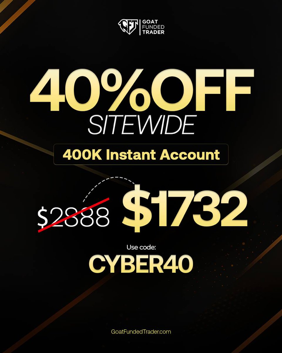 ⚡ CYBER MONDAY — 40% OFF SITEWIDE ⚡

You can secure a $400K Instant Account with a 40% OFF

Was: $2,888
Now: $1,732

Instant funding at a massive discount.

🚨Limited-time offer🚨

Use code: CYBER40

👉 GoatFundedTrader.com