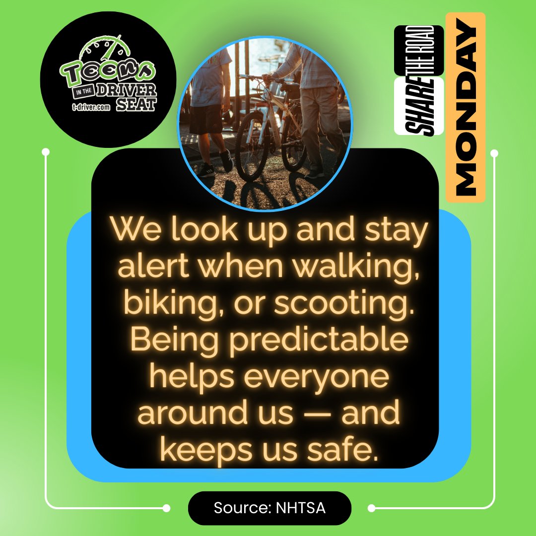 YouthWalkBike's tweet image. It’s Share the Road Monday! 💚🚶‍♂️🚴‍♀️🛴 We look up and stay alert when walking, biking, or scooting. Being predictable helps everyone around us — and keeps us safe. Stay visible, stay aware, and share the road the right way. #EndTheStreakTX #DriveLikeATexan  #PedestrianSafety
