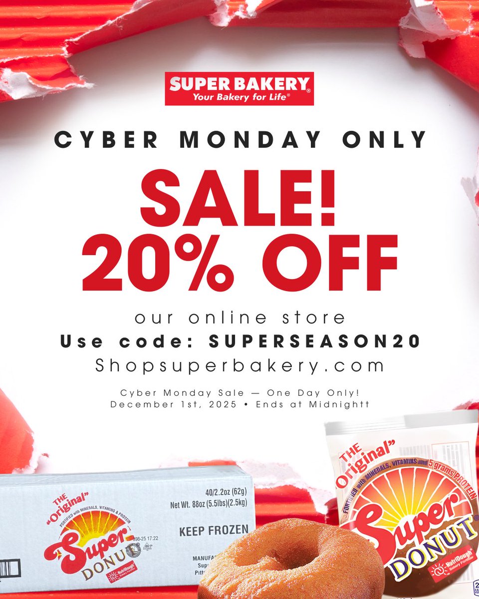 RealSuperDonut's tweet photo. SALE‼️🍩 20% off our online store cyber Monday only! https://t.co/rhZClwatiz 

#CyberMonday #MondayMorning https://t.co/hMKouEo8QU