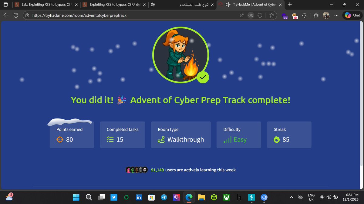 I just completed Advent of Cyber Prep Track room on TryHackMe. Get ready for the Advent of Cyber 2025 with the "Advent of Cyber Prep Track", a series of warm-up tasks aimed to get beginners ready for this year's event. -tryhackme.com/room/adventofc… #tryhackme via <a href="/tryhackme/">TryHackMe</a>