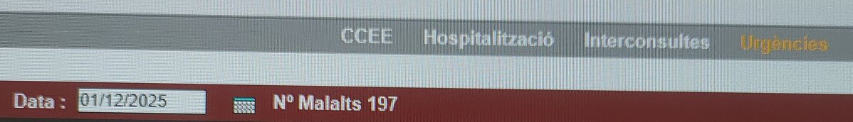 01/12/2025
197 pacients a Urgències de l'Hospital del Mar 
58 superen les 24 hores 
El més antic supera les 143 hores, te 80 anys.
85 anys, 72 h
94 anys, 66 h
93 anys, 56 h
Com cap d'ells és familia de gerents i gestors de <a href="/govern/">Govern de Catalunya</a> i <a href="/salutcat/">Salut</a> ningú fa res per solucionar-ho